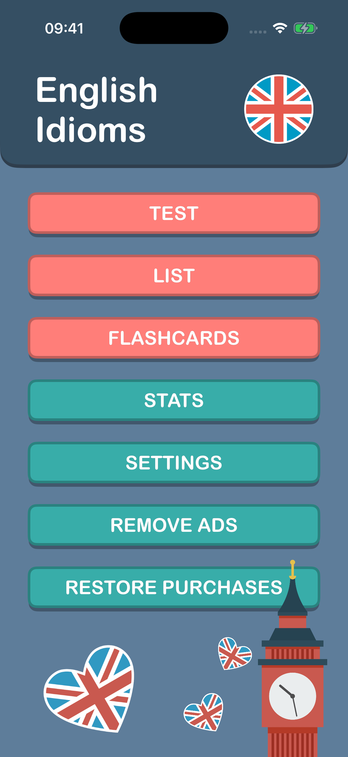 English Idioms development build home screen with Test, List, Flashcards, Stats and Settings